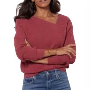 Line and Dot Off the Shoulder Asymmetric Ribbed Knit Pullover in Dusty Rose -  M